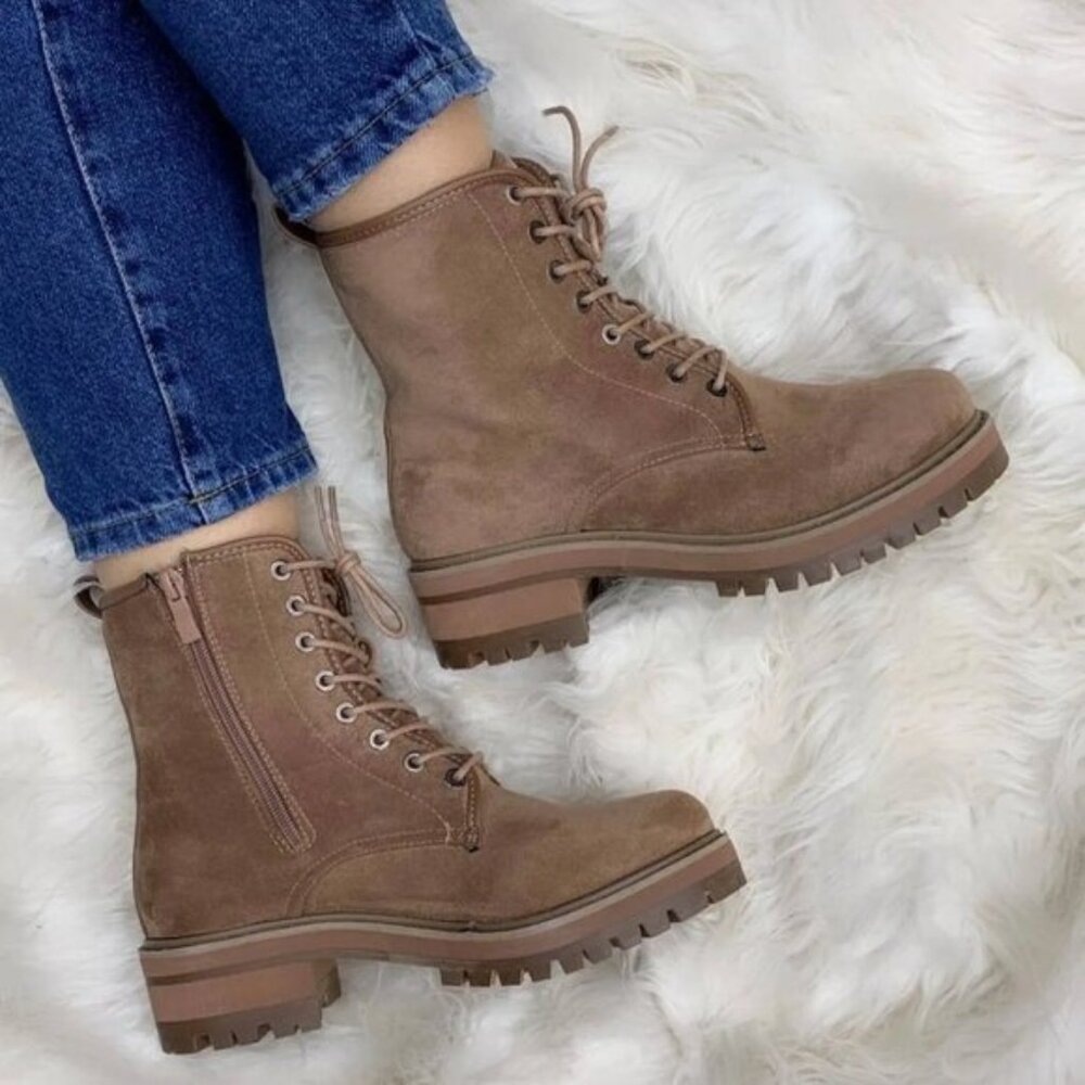 "Best Of Luck" Khaki Combat Lace-Up Suedette Booties
